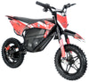 Red and black electric dirt bike on a white background