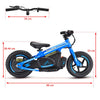 Bright blue kids electric balance bike 12" wheels - side view