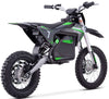 Electric dirt bike with green accents on a white background