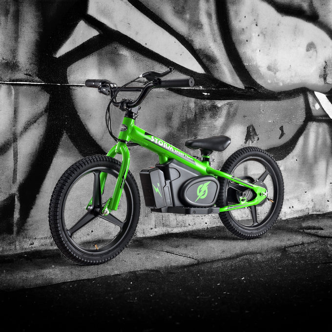  Bright green storm 16" electric bike with grey graffiti background