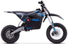 Black and blue electric dirt bike on a white background