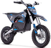Electric motorcycle with blue and black design on a white background