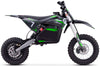 Black and green electric dirt bike on a white background