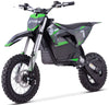 Electric dirt bike with green and black design on a white background