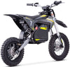 Small electric dirt bike with black and yellow design on a white background