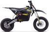 Small electric dirt bike with black and yellow design on a white background