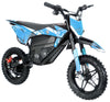 Blue and black dirt bike on a white background