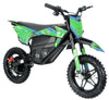 Green and black electric dirt bike on a white background