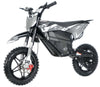 Black electric dirt bike with red accents on a white background