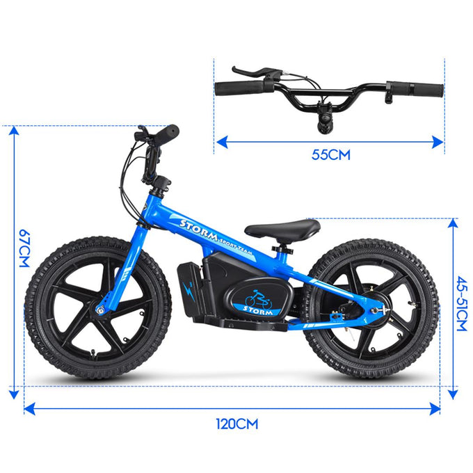  Blue 16" storm electric balance bike dimensions