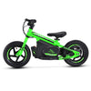 Bright green kids electric balance bike 12" wheels - side view