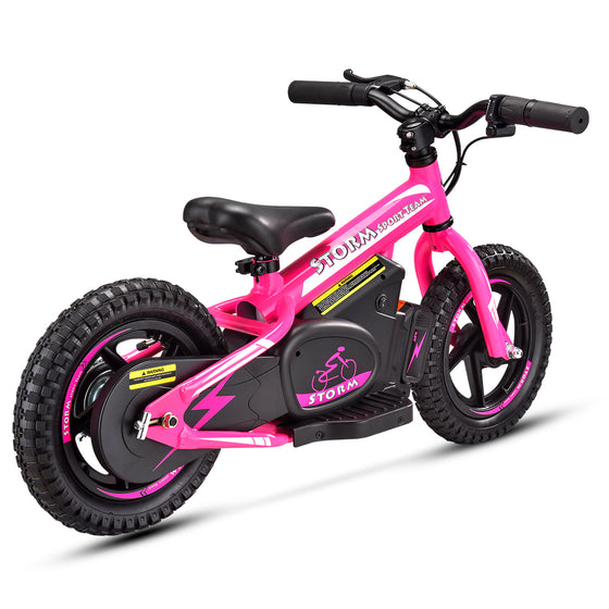 Bright pink and black kids electric balance bike 12" wheels