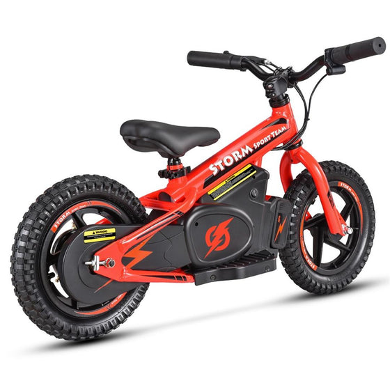 Bright red and black kids electric balance bike 12" wheels