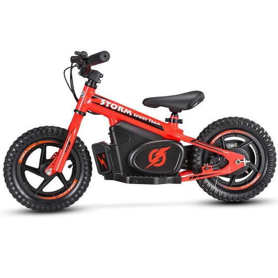 Bright red and black kids electric balance bike 12" wheels - side view
