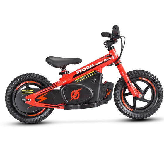 Bright red and black kids electric balance bike 12" wheels