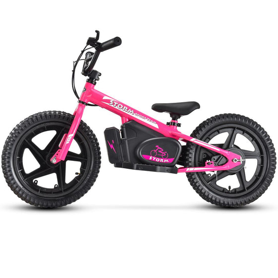 Bright pink  kids electric balance bike 16" wheels - side view