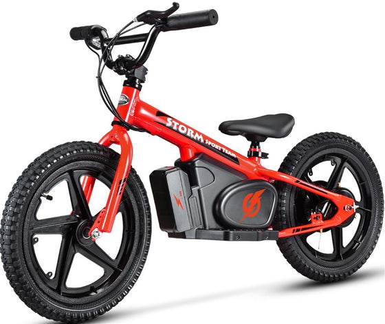 Bright red and black kids electric balance bike 16" wheels